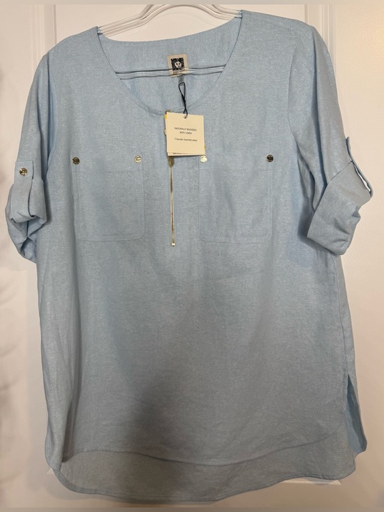 Anne Klein Tops - Anne Klein Light Blue V-Neck Roll-Sleeve Tunic Blouse linen blend size MD gold